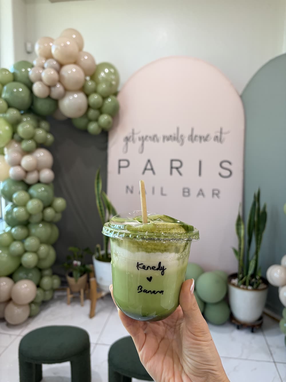 Matcha drink at the studio pop-up
